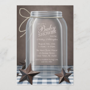 Convite Mason Jar Rustic Stars Chá de fraldas Azul Gingha