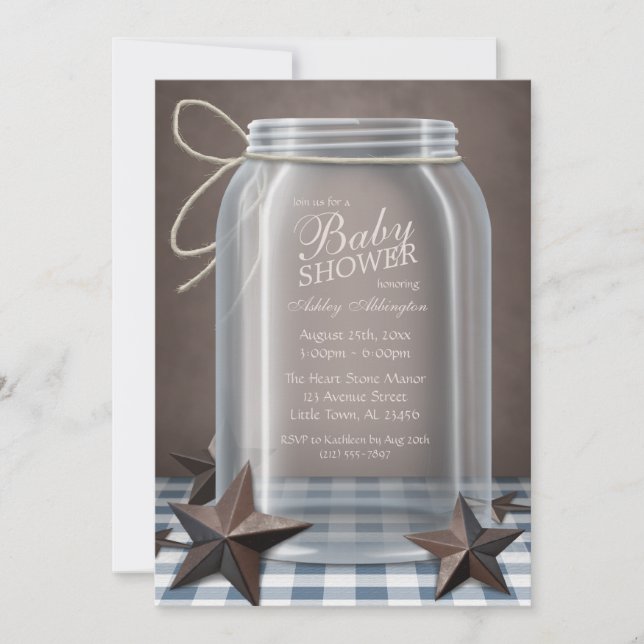 Convite Mason Jar Rustic Stars Chá de fraldas Azul Gingham (Frente)
