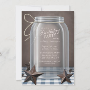 Convite Mason Jar Rustic Stars Festa de aniversário Azul