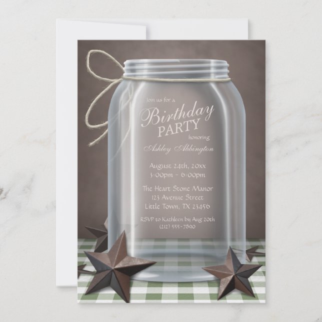 Convite Mason Jar Rustic Stars Green Gingham Birthday (Frente)