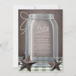 Convite Mason Jar Rustic Stars Green Gingham Chá de frald