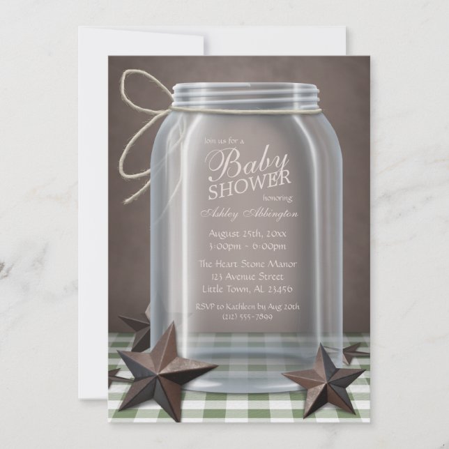Convite Mason Jar Rustic Stars Green Gingham Chá de fralda (Frente)