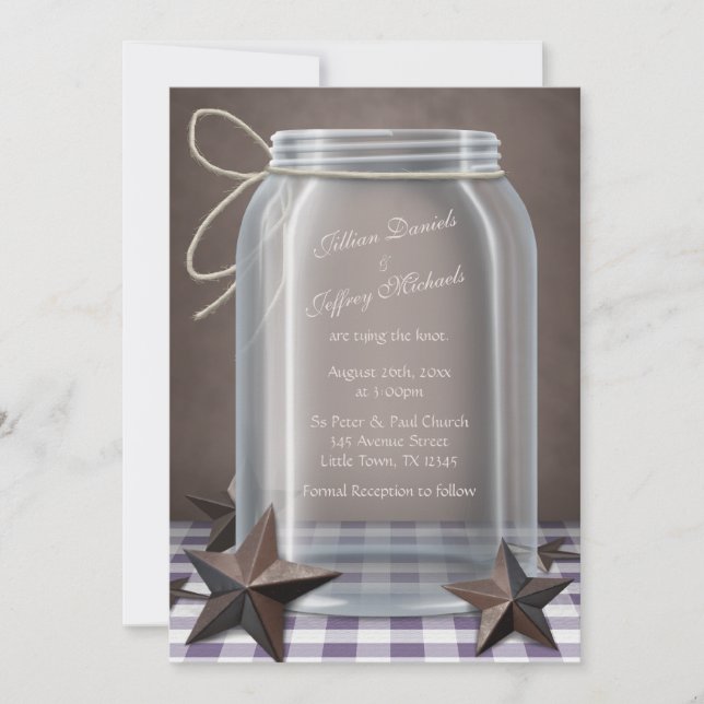 Convite Mason Jar Rustic Stars Purple Gingham Wedding (Frente)
