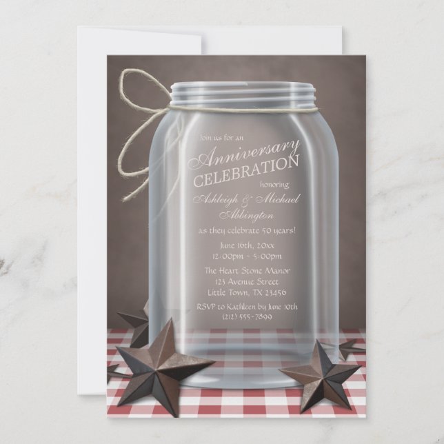 Convite Mason Jar Rustic Stars Red Gingham Anniversary (Frente)