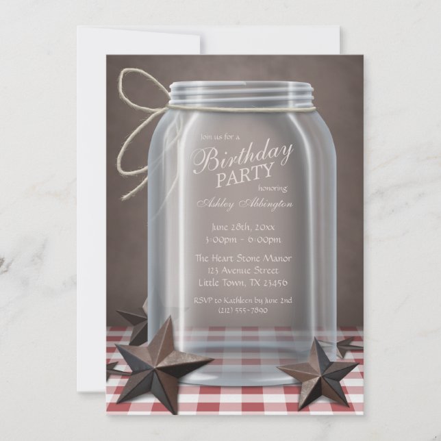 Convite Mason Jar Rustic Stars Red Gingham Birthday (Frente)