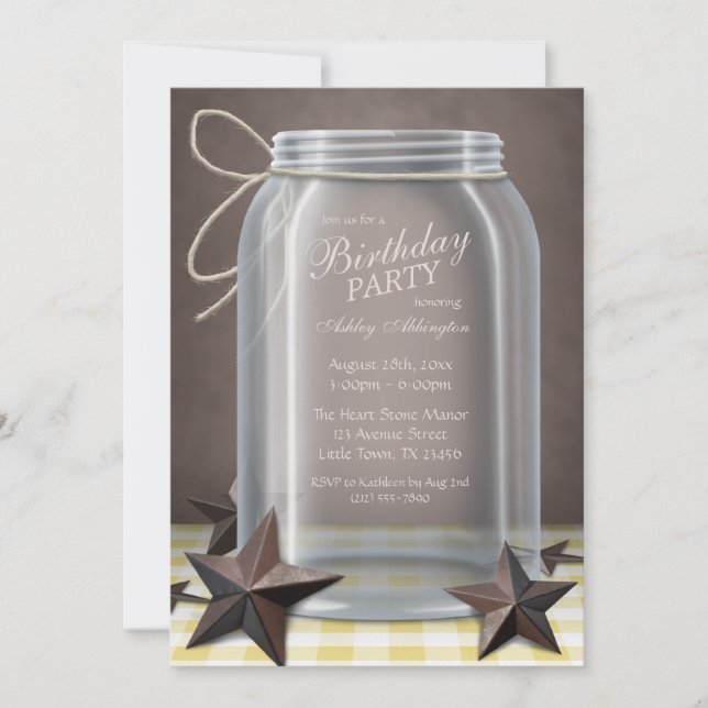 Convite Mason Jar Rustic Stars Yellow Gingham Birthday (Frente)