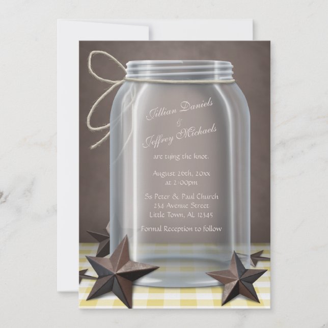 Convite Mason Jar Rustic Stars Yellow Gingham Weding (Frente)