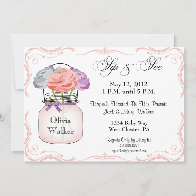 Convite Mason Jar Sip e See Girl Invent (Frente)