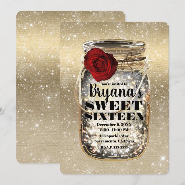 Convite Mason Jar Sparkle Lights & Rosa vermelha Sweet 16 (Frente/Verso)