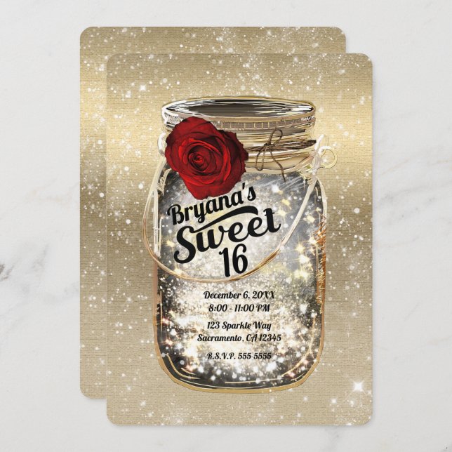 Convite Mason Jar Sparkle Lights & Rosa vermelha Sweet 16 (Frente/Verso)