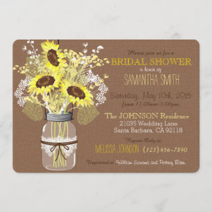Convite Mason Jar Sunflower Burlap Chá de panela Russo