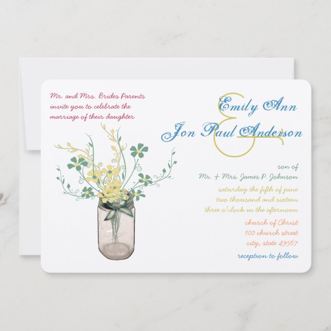 Convite Mason Jar Wild Flower Sage e Mustard Yellow (Frente)