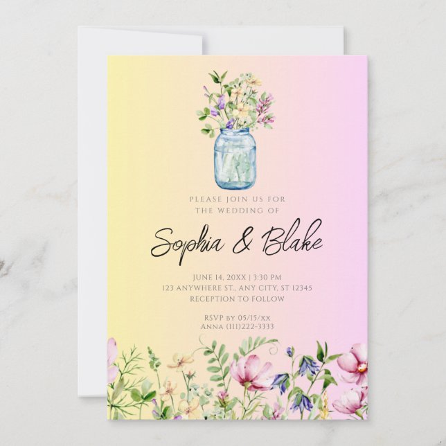 Convite Mason Jar Wildflower Rustic Ombre Casamento Rosa (Frente)
