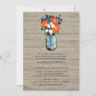 Convite Mason Jar Wood do Jardim Azul e Laranja   Casament