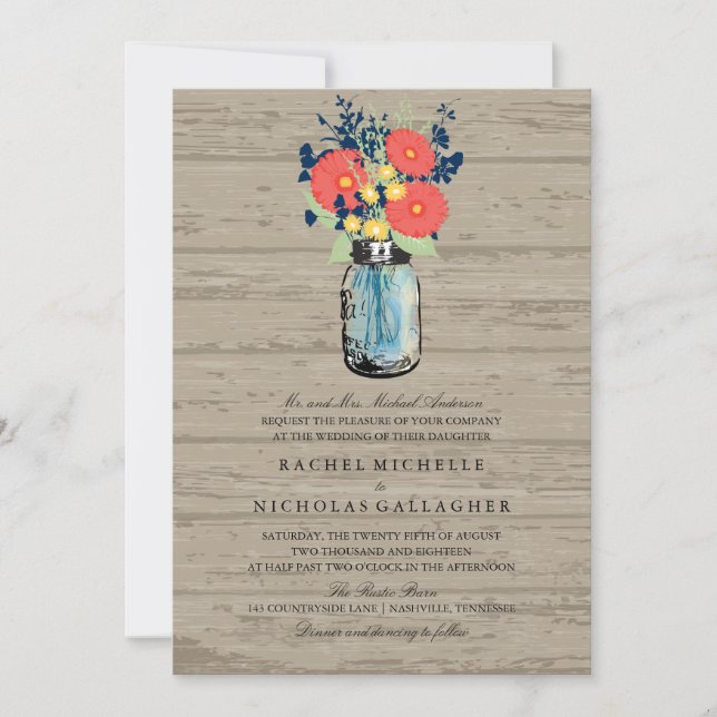 Convite Mason Jar Wood, Jardim Azul e Coral | Casamento (Frente)