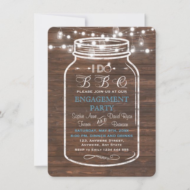 Convite Mason Jar Wood String Luzes I Do CHURRASCO Noivado (Frente)