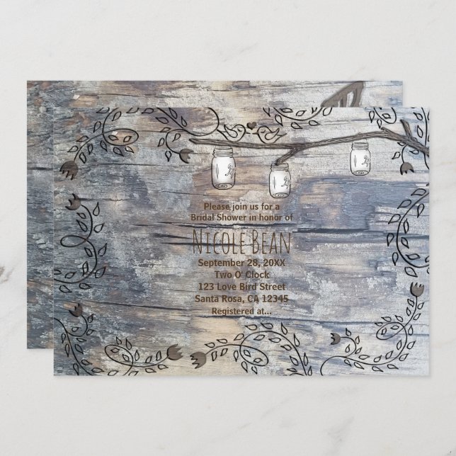 Convite Mason Jars & Love Birds Rustic Branch Invitation (Frente/Verso)
