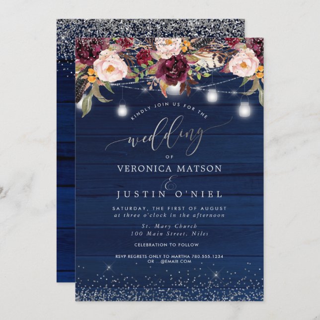 Convite Mason Jars Rustic Wood Marinho Blue+Burgundy Flowe (Frente/Verso)