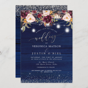 Convite Mason Jars Rustic Wood Marinho Blue+Burgundy Flowe