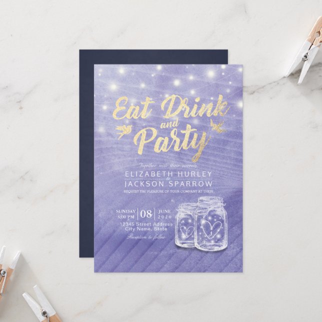 Convite Mason Jars String Lights EAT Beber e Casamento de  (Frente/Verso In Situ)