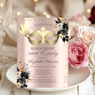Convite Masque Diamantes Rosas Pretas Rose Gold Doce 16