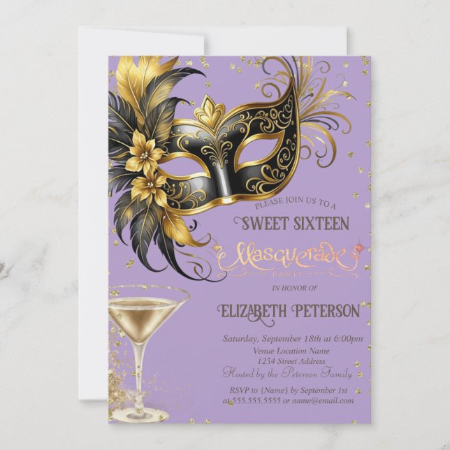 Convite Masque Diamonds Champagne Lavanda Sweet 16   (Frente)