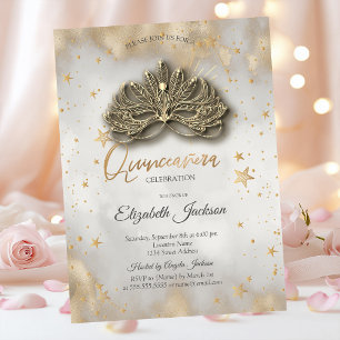 Convite Masque Estrelas Celestiais Dourado Quinceanera