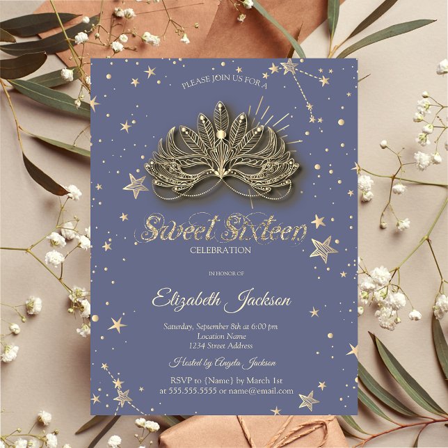 Convite Masque Estrelas Pastel Lavanda Sweet 16 (Criador carregado)