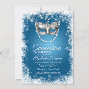Convite Masque,Flocos de neve,Convite de Quinceañera Azul