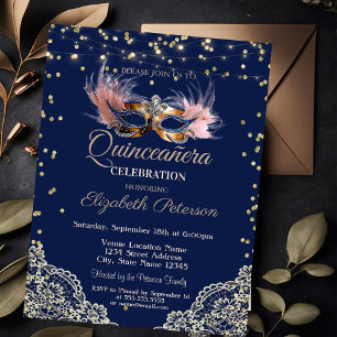 Convite Masque,Luzes de Corda,Renda,Diamantes Azul Quincea