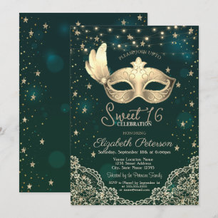 Convite Masque,Luzes de Corda,Renda,Estrelas Verde Doce 16