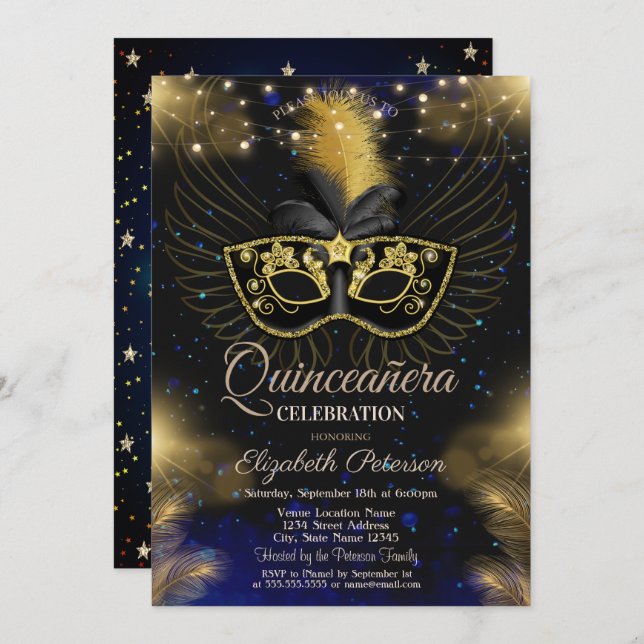 Convite Masque,Luzes de Cordas,Estrelas Blue Quinceañera (Frente/Verso)