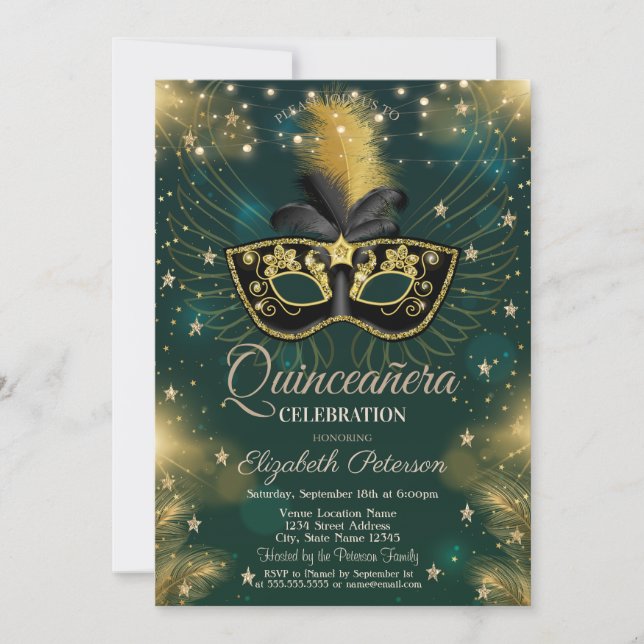 Convite Masque,Luzes de Cordas,Estrelas - Quinceañera Verd (Frente)