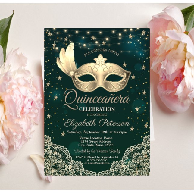 Convite Masque,Luzes De Cordas,Lace,Estrelas - Quinceañera (Criador carregado)