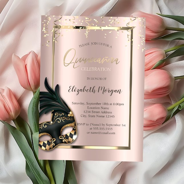 Convite Masque Rosa Dourada Mascarada Quinceañera (Criador carregado)