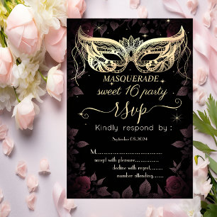 Convite Masque Rosas Burgundy Escuro Preto 80 Doce 16 RSVP