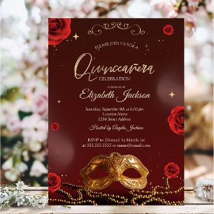 Convite Masque Rosas Pérolas Borgonha Quinceanera