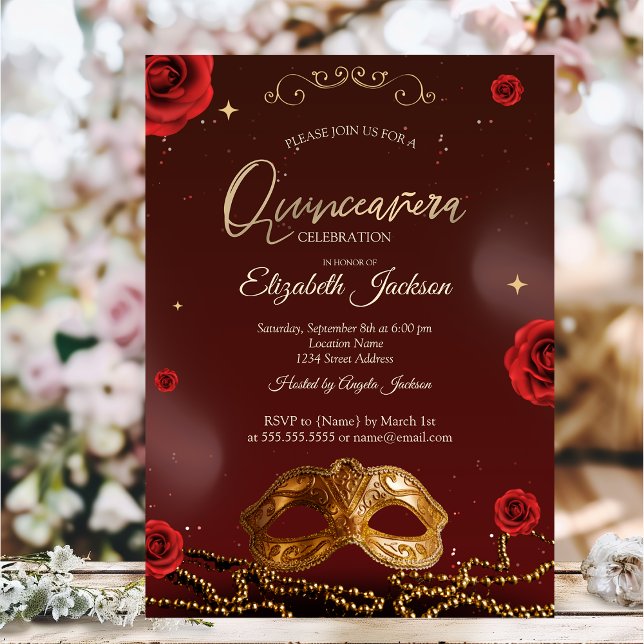 Convite Masque Rosas Pérolas Borgonha Quinceanera (Criador carregado)