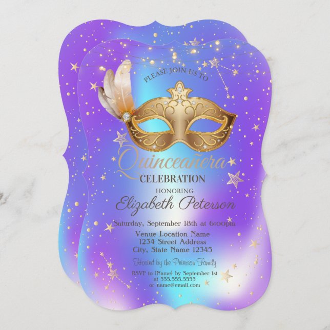 Convite Masque Stars Holographic Quinceañera (Frente/Verso)