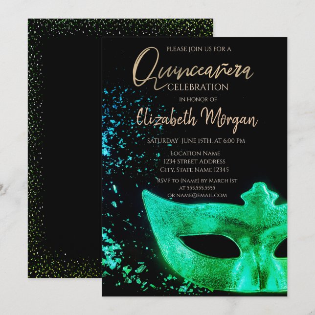 Convite Másque Verde, Confetti Quinceañera (Frente/Verso)