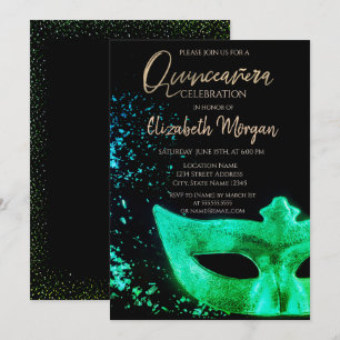 Convite Másque Verde, Confetti Quinceañera 