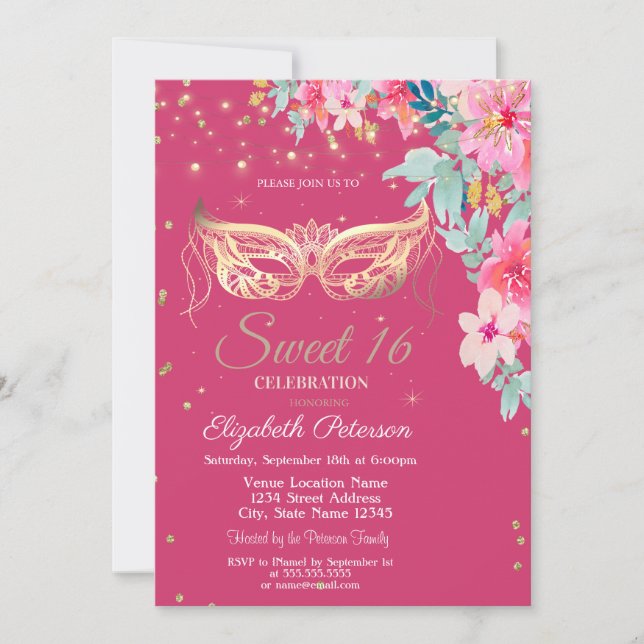 Convite Masquer,Diamantes Flores da Primavera Sweet 16 (Frente)