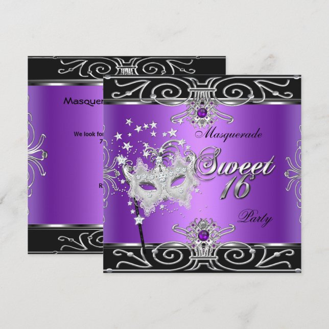 Convite Masquerada Doze Anos Aniversário Roxo Preto (Frente/Verso)