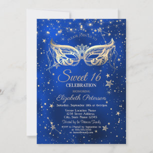 Convite Masquerada, Estrelas Douradas Azul Sweet 16