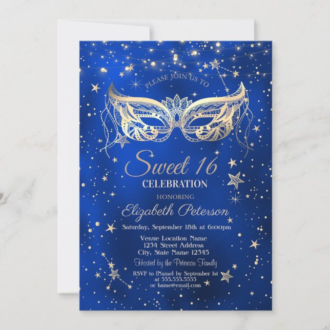Convite Masquerada, Estrelas Douradas Azul Sweet 16 (Frente)