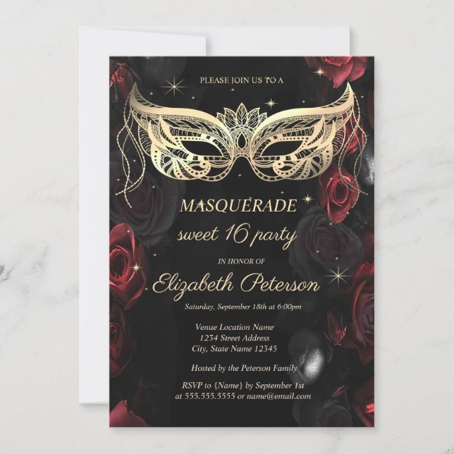 Convite Masquerada Rosas Vermelhas Escuras Gótico Sweet 16 (Frente)