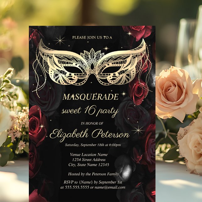 Convite Masquerada Rosas Vermelhas Escuras Gótico Sweet 16 (Criador carregado)