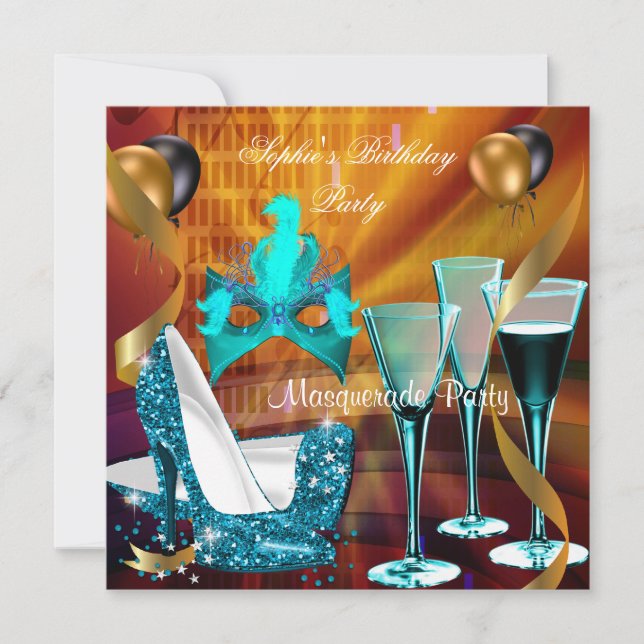 Convite Masquerade Aniversário Azul Turquesa Dourado Vinho (Frente)