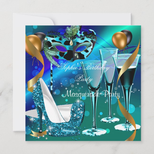 Convite Masquerade Aniversário Azul Turquesa Dourado Vinho (Frente)