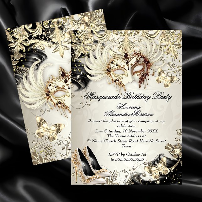 Convite Masquerade birthday Gold Black Cream Butterfly (Criador carregado)